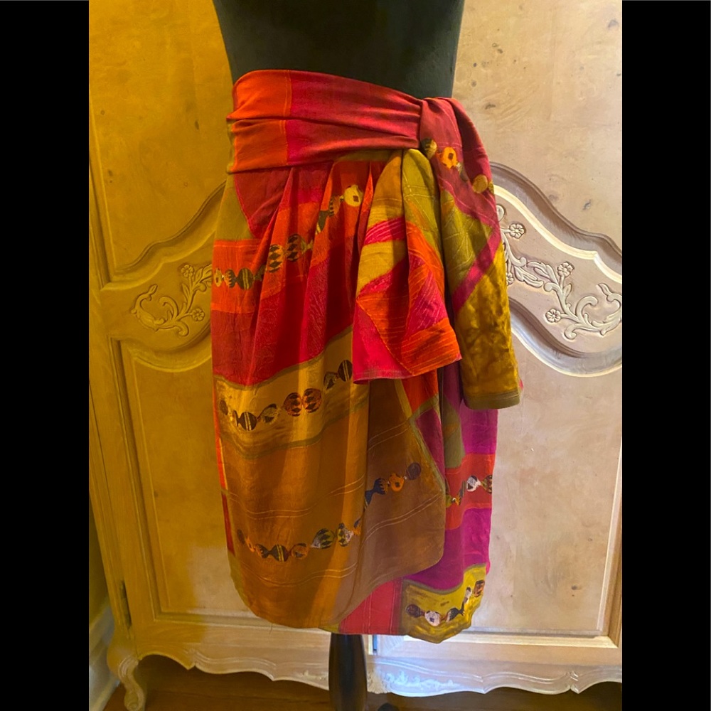 Max Mara multi color silk skirt, wrap style with extra wide belt or scarf.